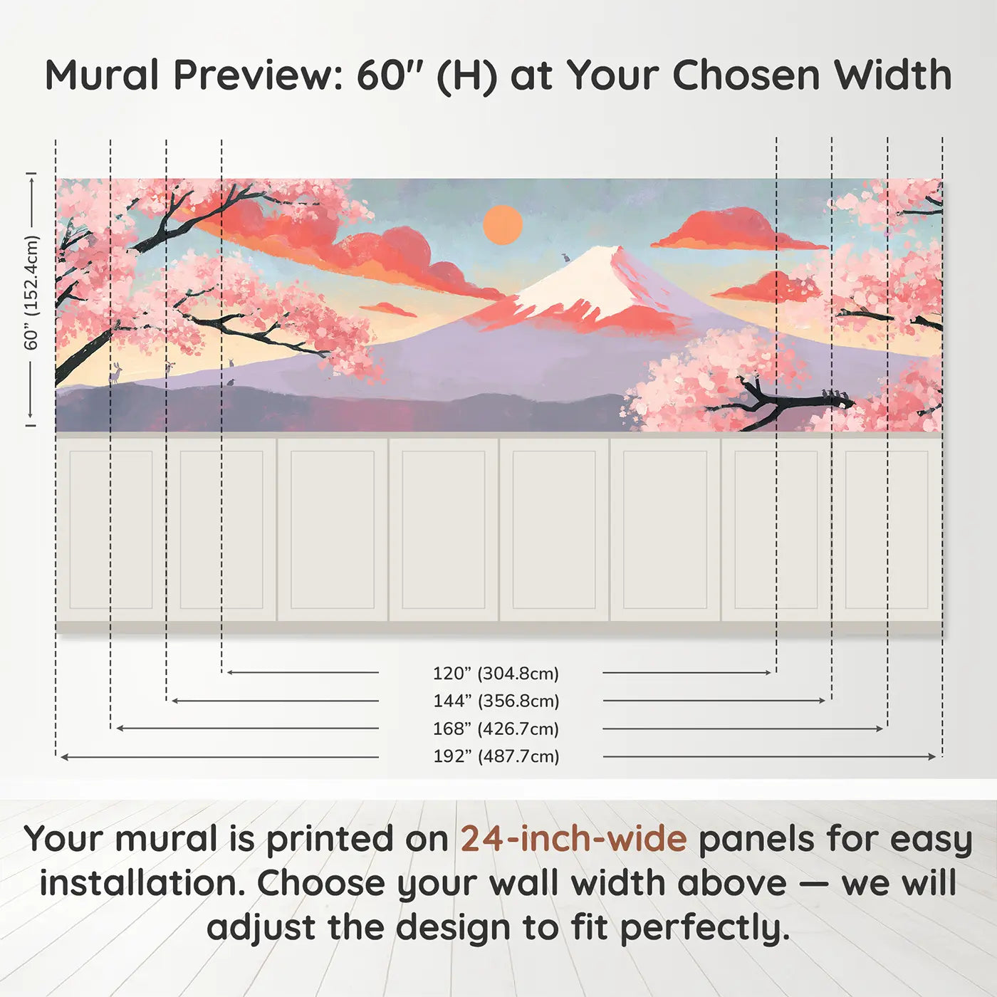 Panel dimensions for Flat Mount Fuji Scandi Wainscoting Wallpaper by Whimsy Tots