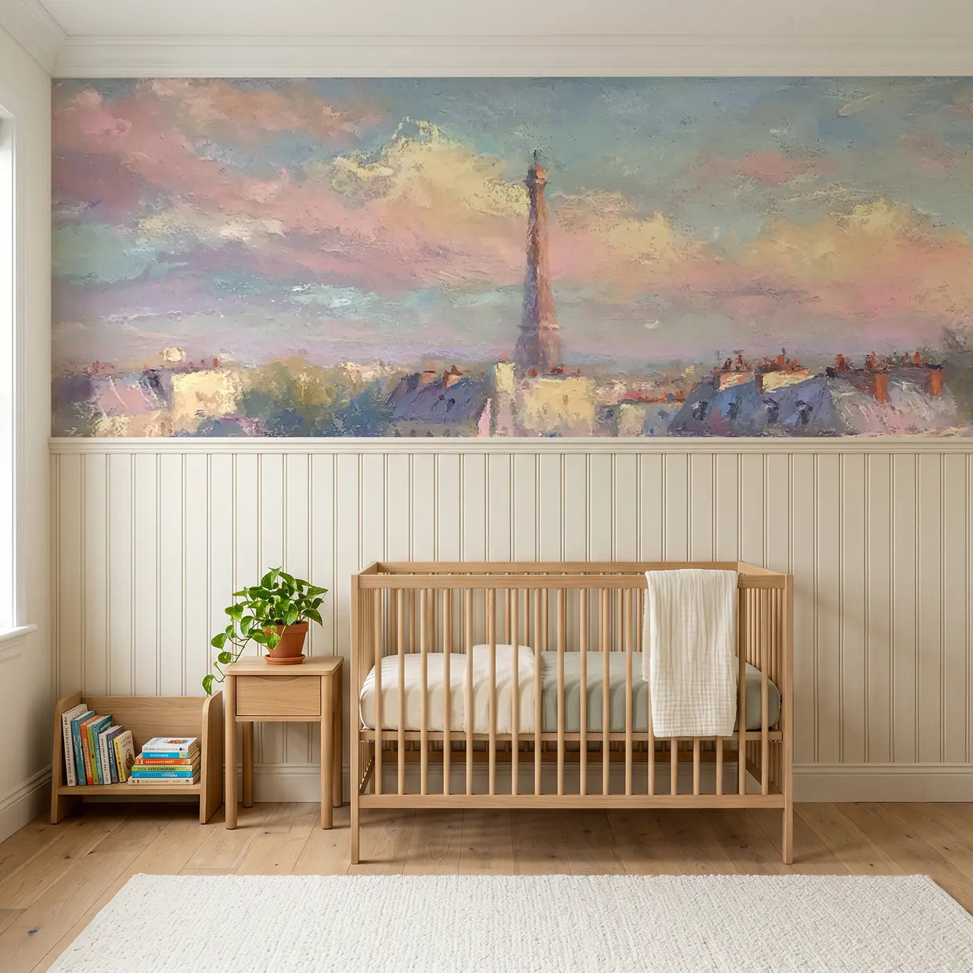 Soft Pastel Eiffel Tower chalk wainscoting wallpaper for nursery by Whimsy Tots.