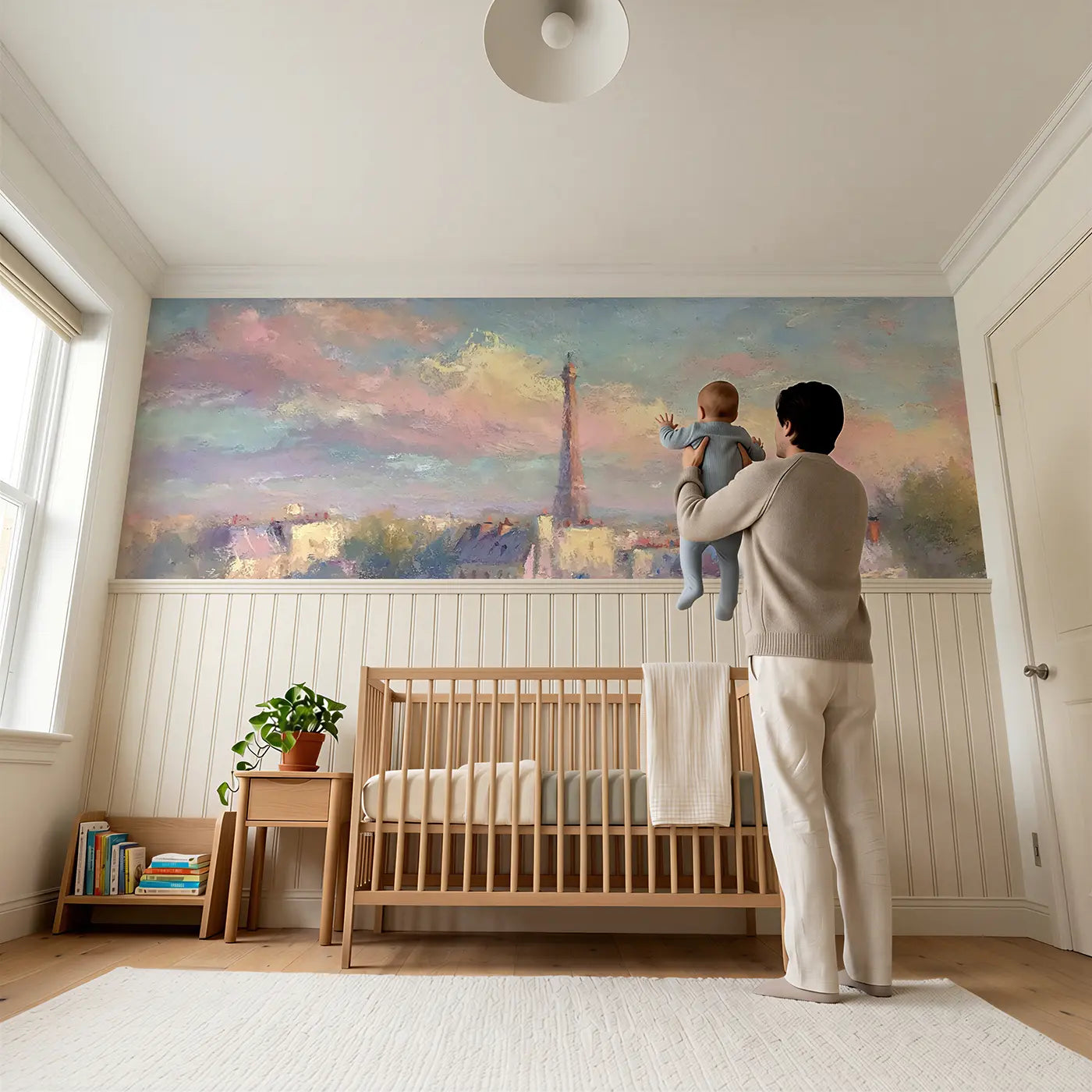 Child reading near Chalk Eiffel Tower Soft Wainscoting Wallpaper by Whimsy Tots