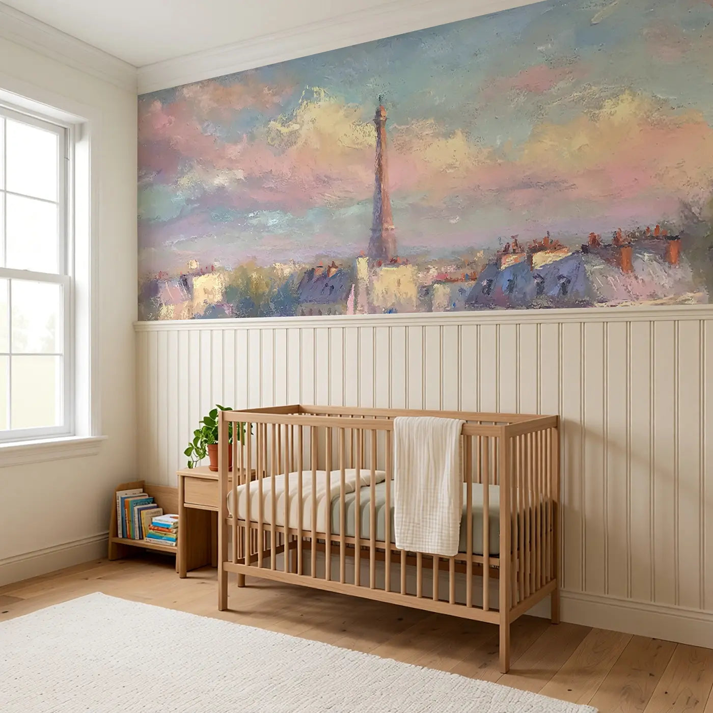 Chalk Eiffel Tower Soft Wainscoting Wallpaper styled in a kids bedroom by Whimsy Tots
