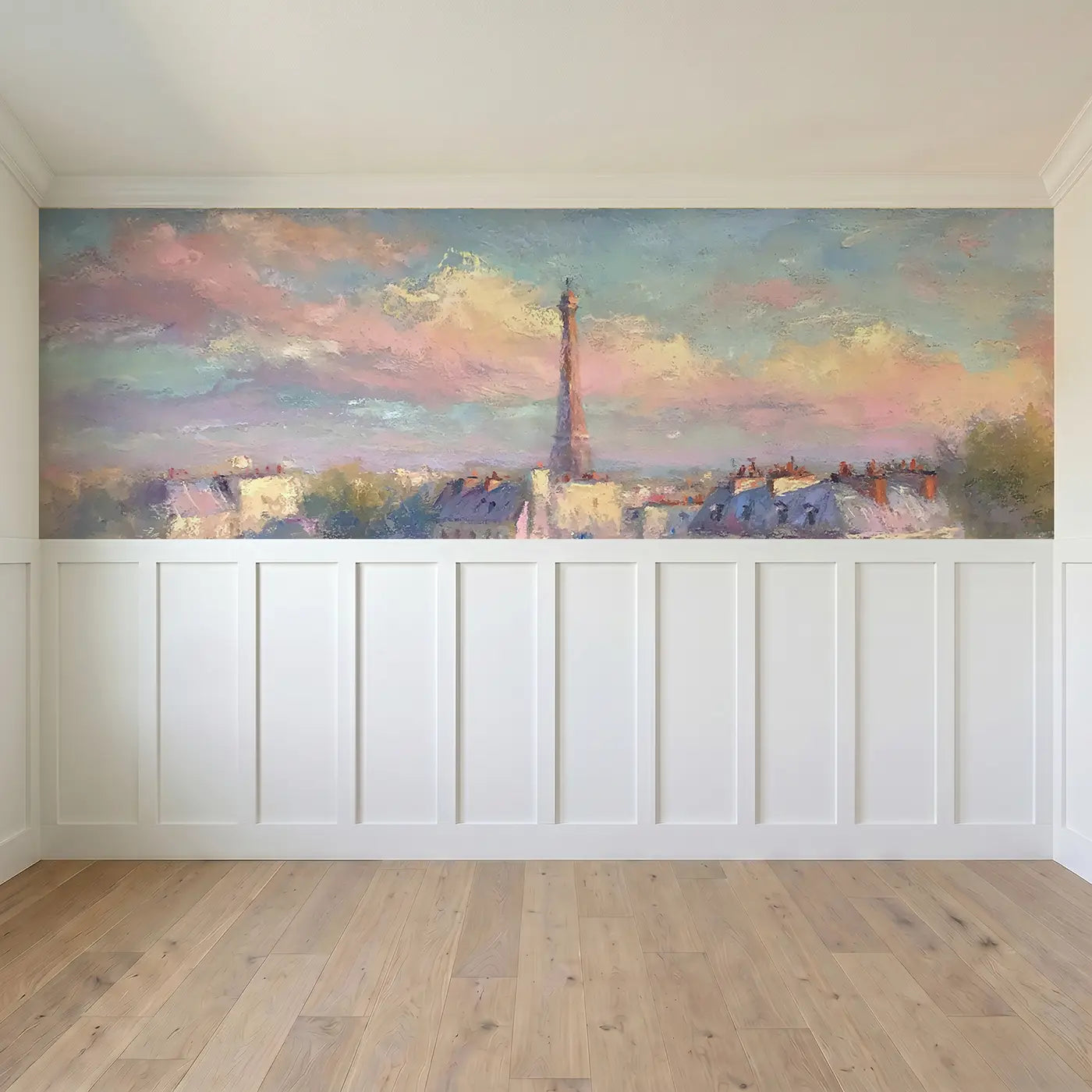Full panel view of Chalk Eiffel Tower Soft Wainscoting Wallpaper by Whimsy Tots