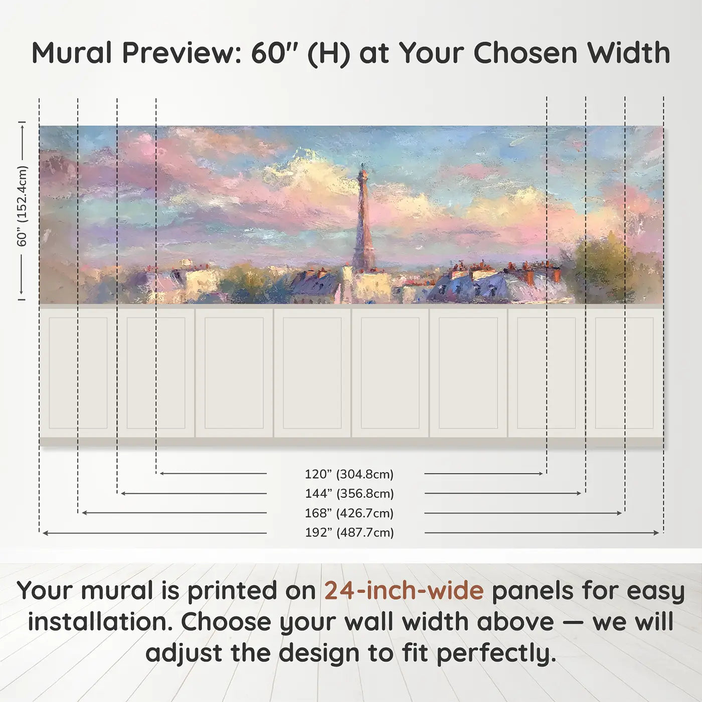 Panel dimensions for Chalk Eiffel Tower Soft Wainscoting Wallpaper by Whimsy Tots
