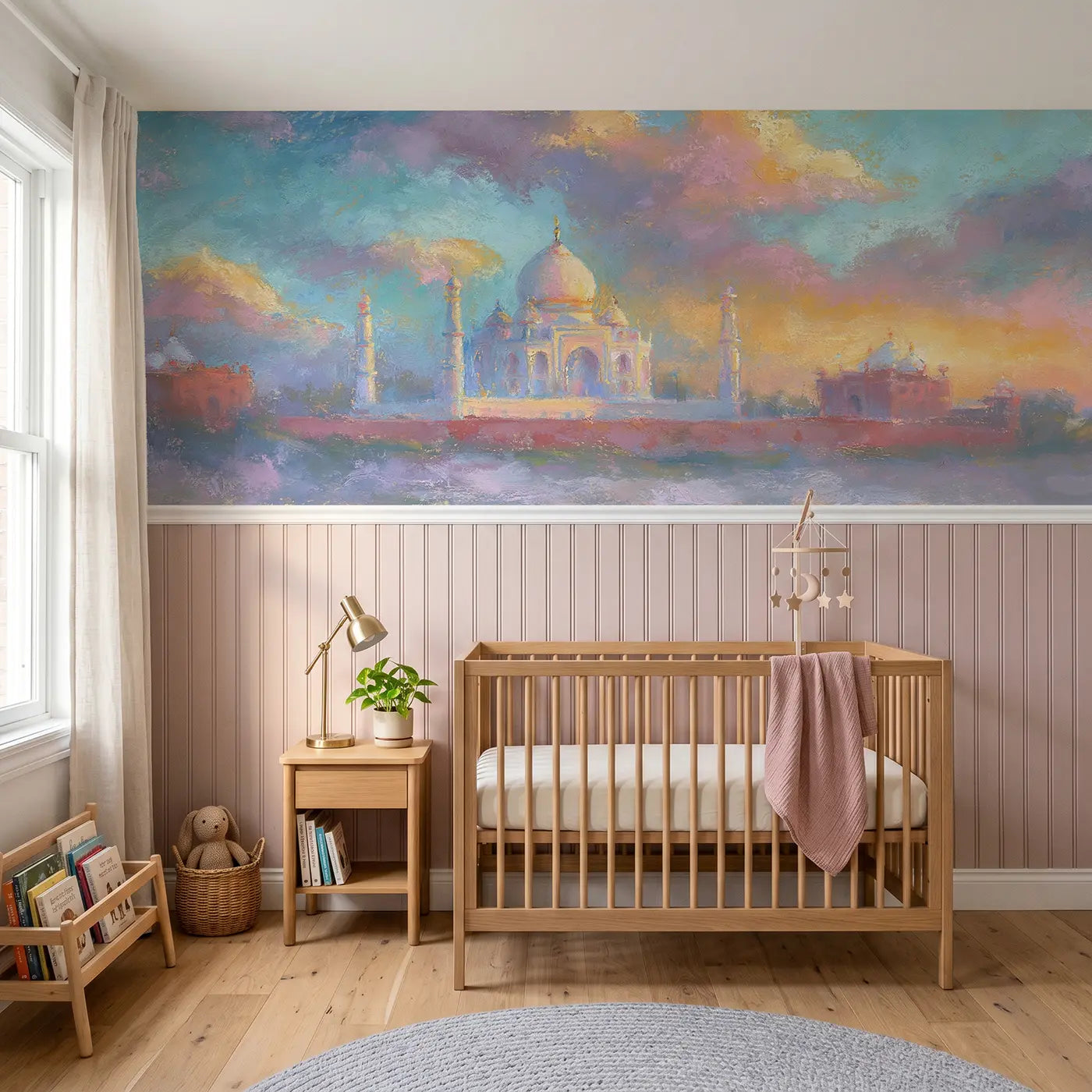 Soft Pastel Taj Mahal glow wainscoting wallpaper for nursery by Whimsy Tots.