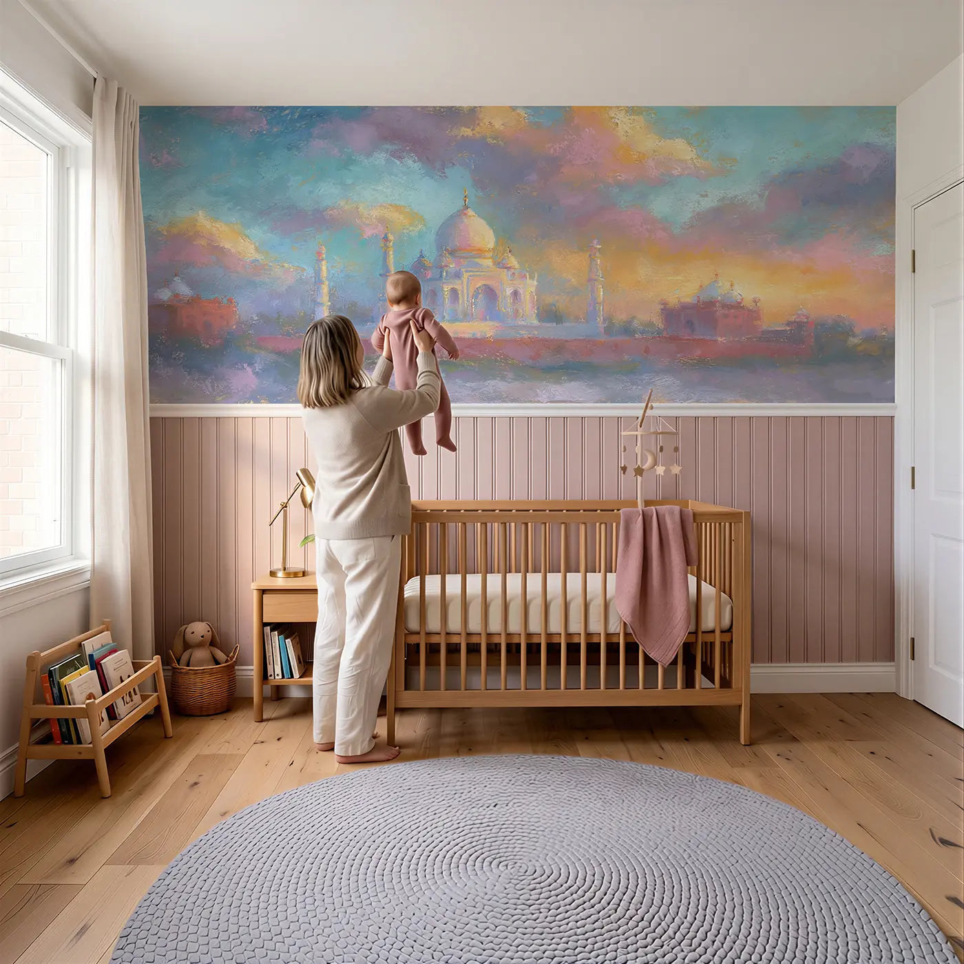 Child reading near Pastel Taj Mahal Glow Wainscoting Wallpaper by Whimsy Tots