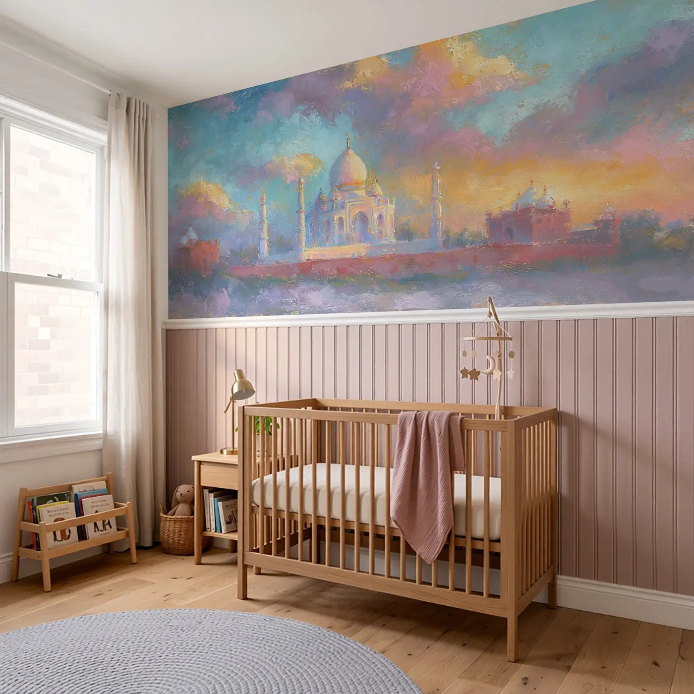 Pastel Taj Mahal Glow Wainscoting Wallpaper styled in a kids bedroom by Whimsy Tots
