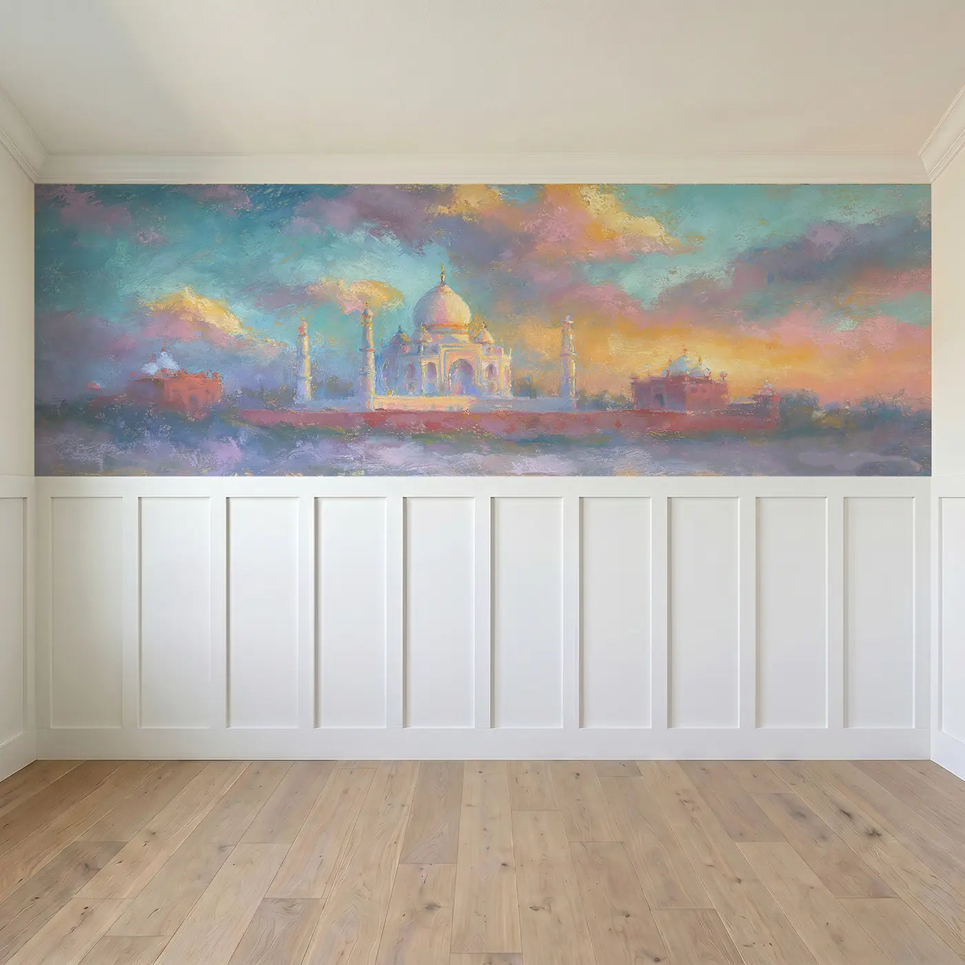 Full panel view of Pastel Taj Mahal Glow Wainscoting Wallpaper by Whimsy Tots