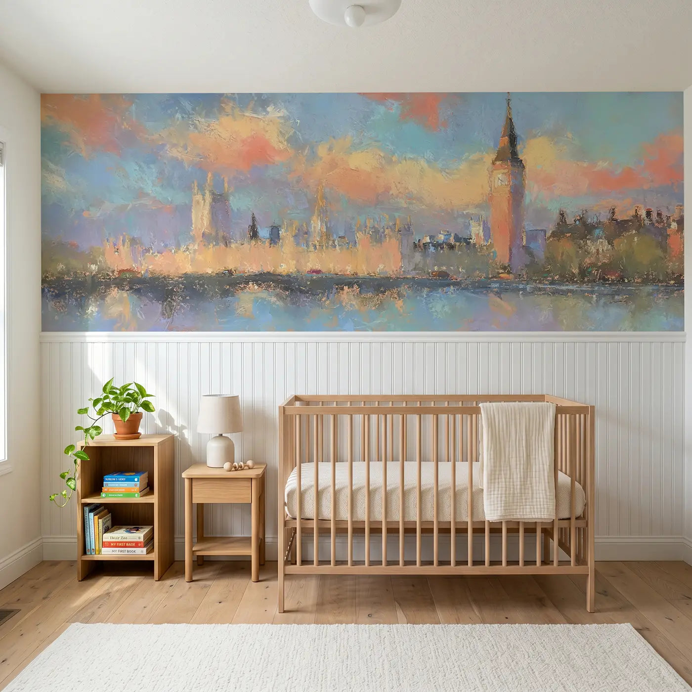 Soft Pastel Big Ben London wainscoting wallpaper for nursery by Whimsy Tots.