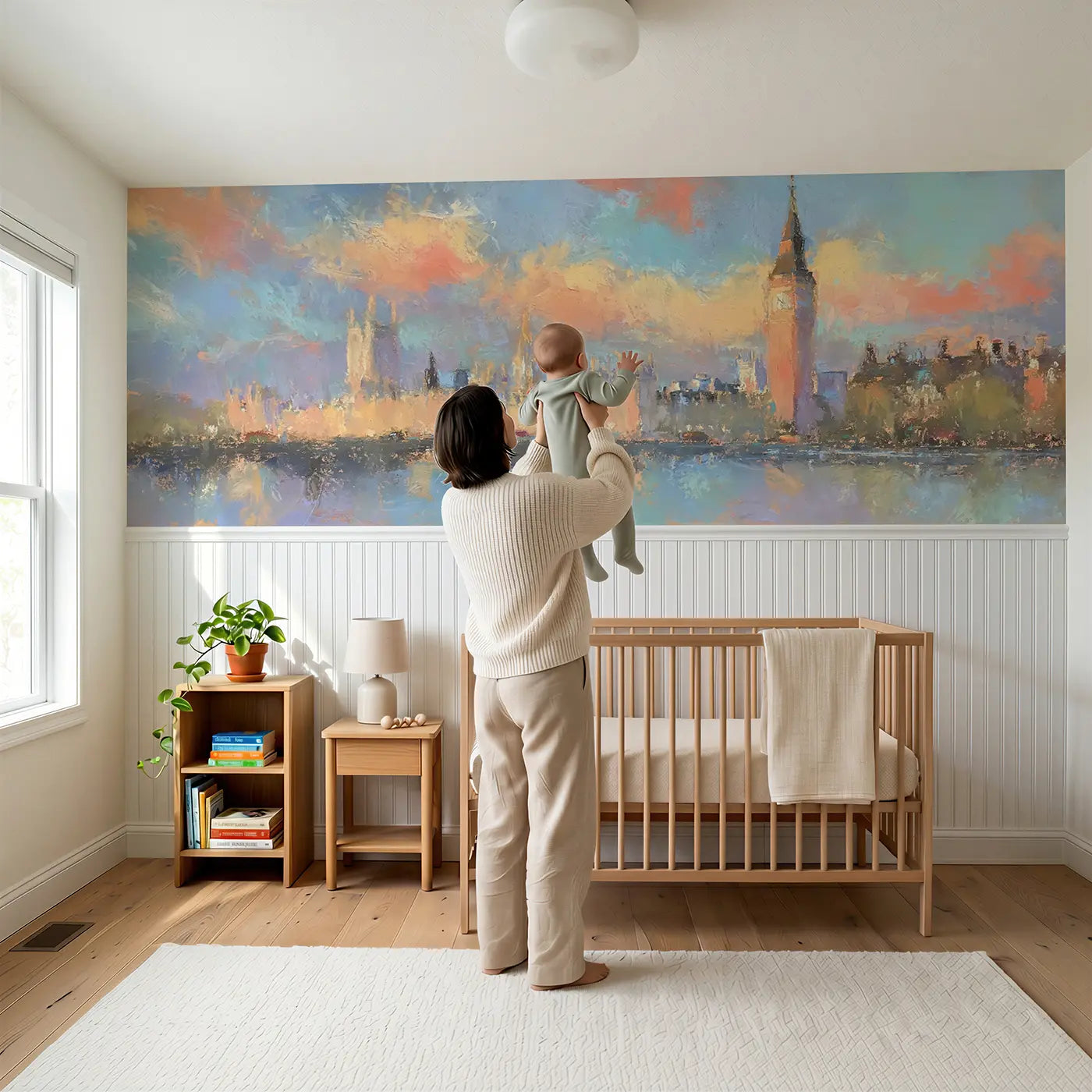 Child reading near Fuzzy Big Ben London Wainscoting Wallpaper by Whimsy Tots