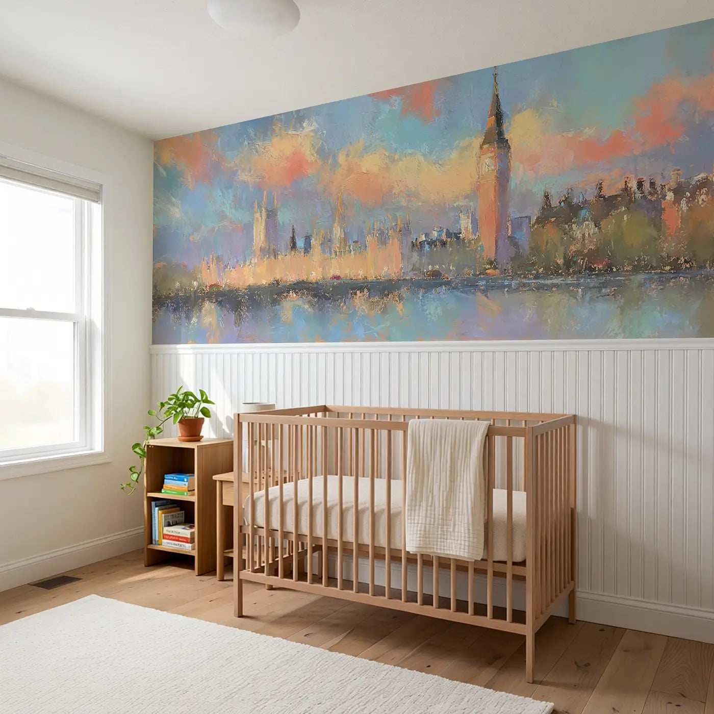 Fuzzy Big Ben London Wainscoting Wallpaper styled in a kids bedroom by Whimsy Tots
