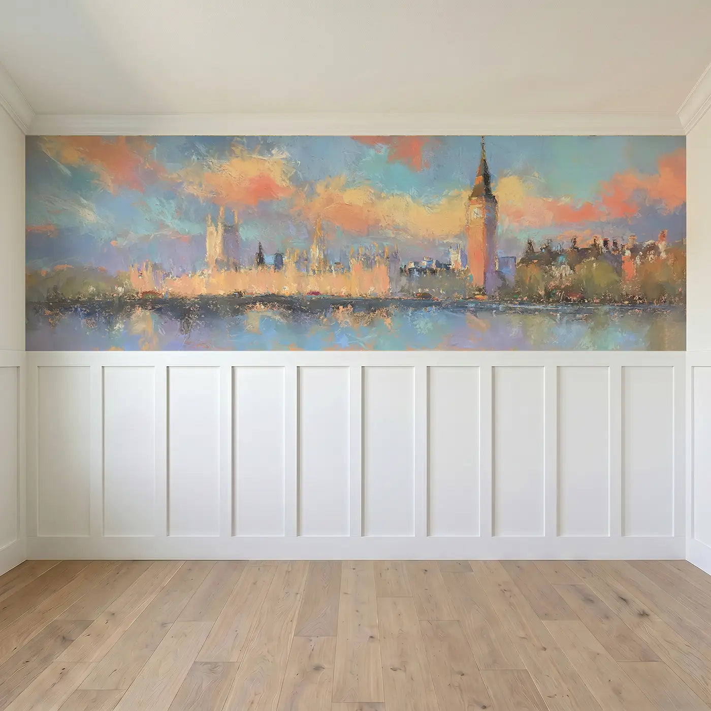 Full panel view of Fuzzy Big Ben London Wainscoting Wallpaper by Whimsy Tots