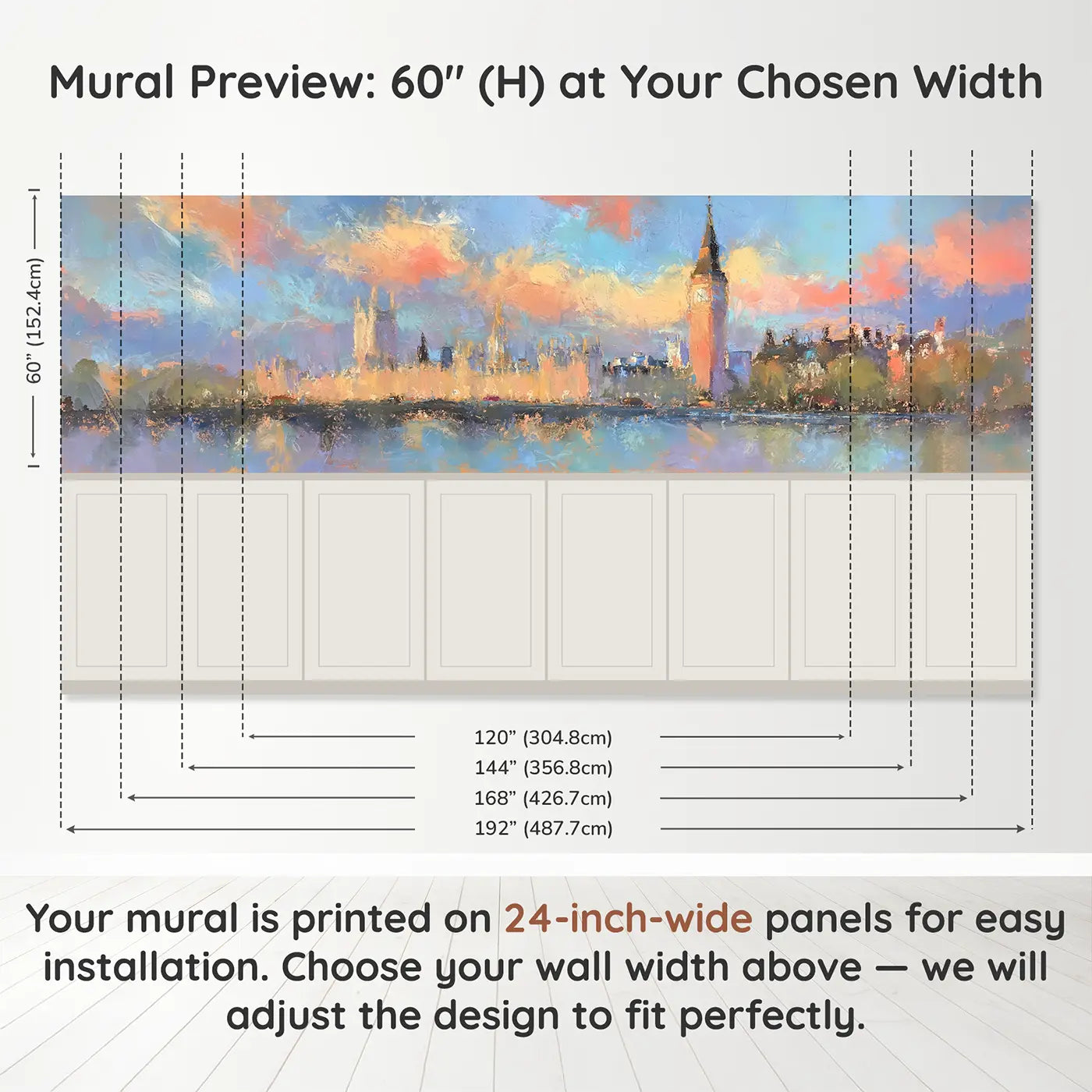 Panel dimensions for Fuzzy Big Ben London Wainscoting Wallpaper by Whimsy Tots