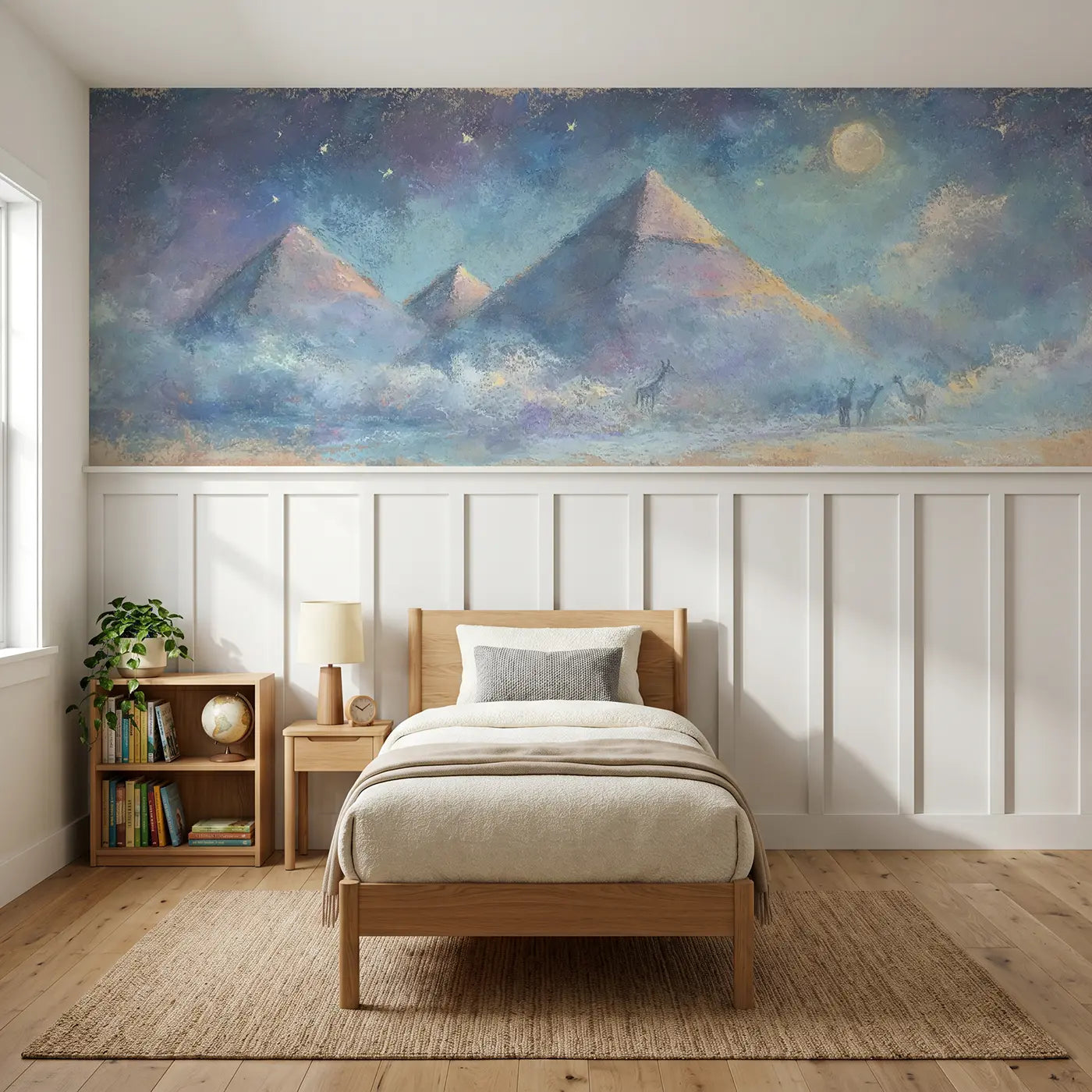 Soft Pastel pyramid moonlight wainscoting wallpaper for bedroom by Whimsy Tots.