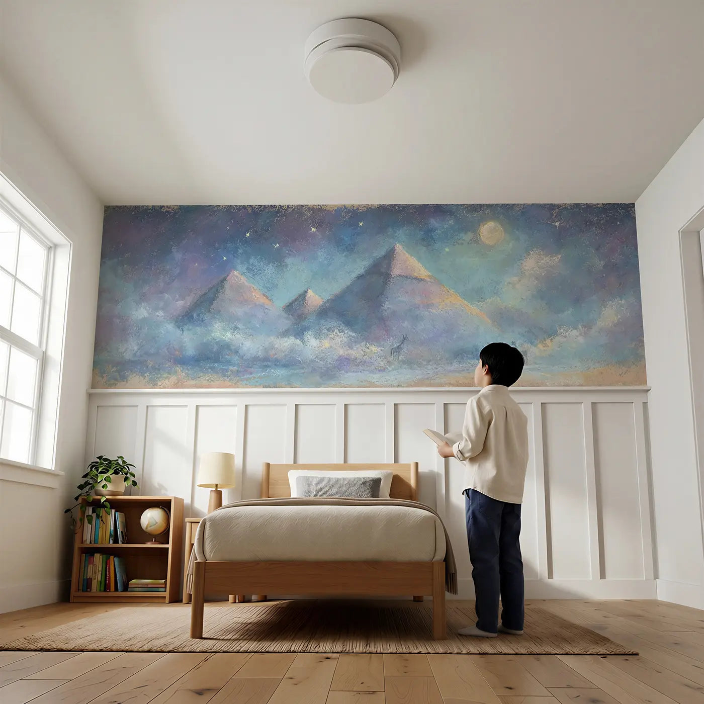 Child reading near Chalk Pyramid Moonlight Wainscoting Wallpaper by Whimsy Tots