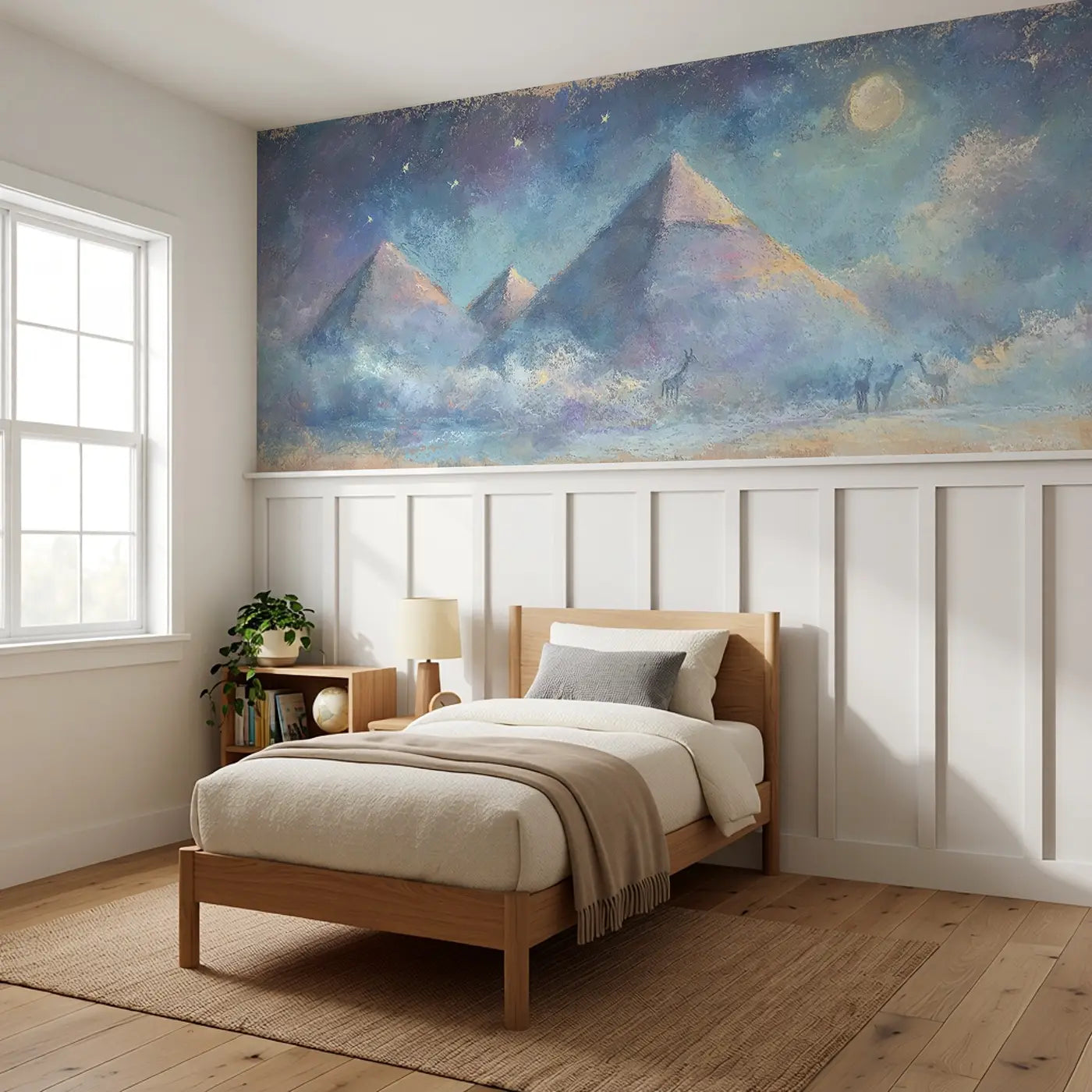 Chalk Pyramid Moonlight Wainscoting Wallpaper styled in a kids bedroom by Whimsy Tots