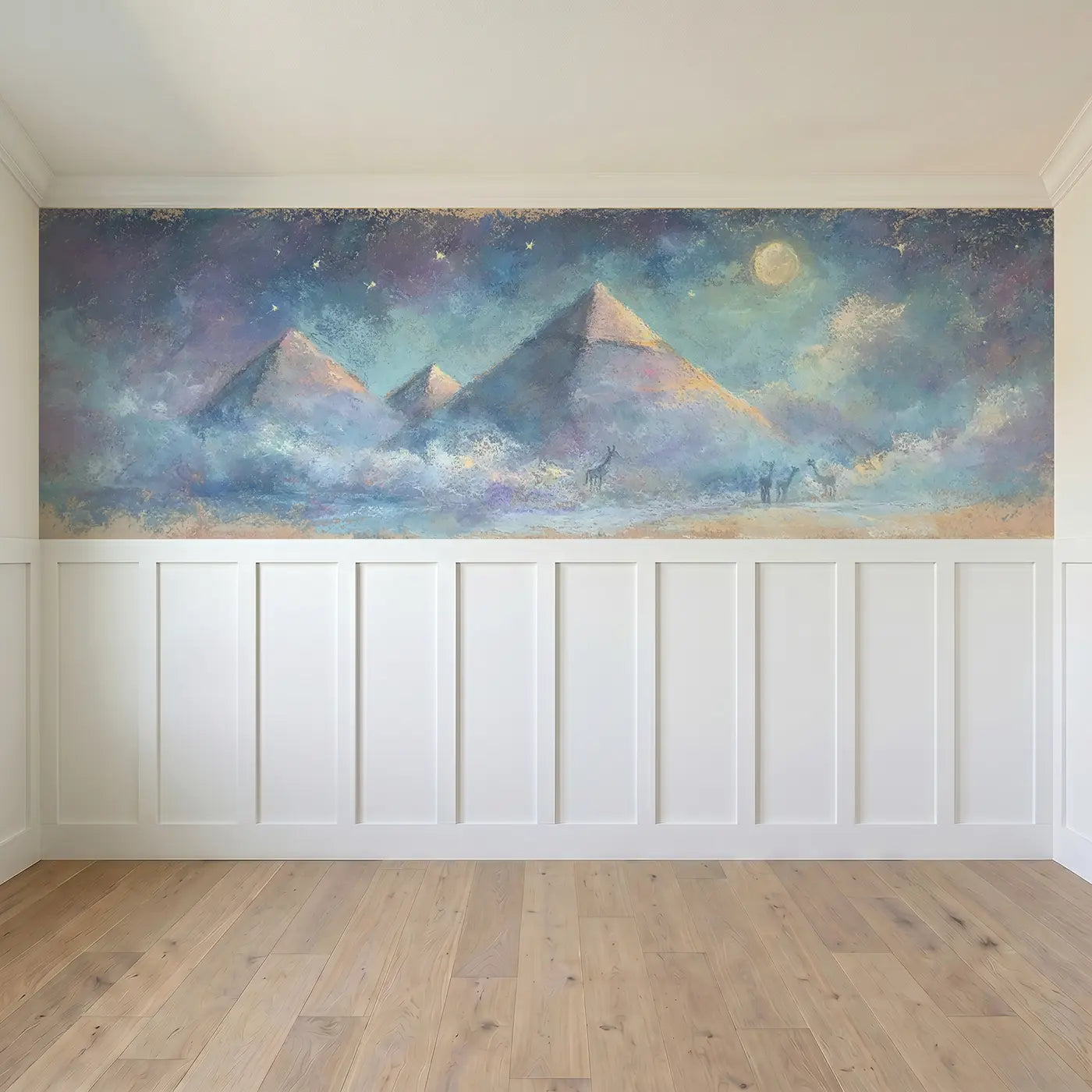 Full panel view of Chalk Pyramid Moonlight Wainscoting Wallpaper by Whimsy Tots