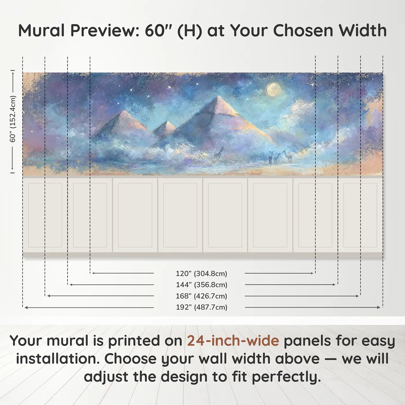 Panel dimensions for Chalk Pyramid Moonlight Wainscoting Wallpaper by Whimsy Tots