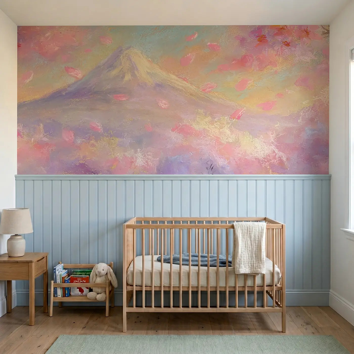Soft Pastel Mount Fuji dream wainscoting wallpaper for nursery by Whimsy Tots.