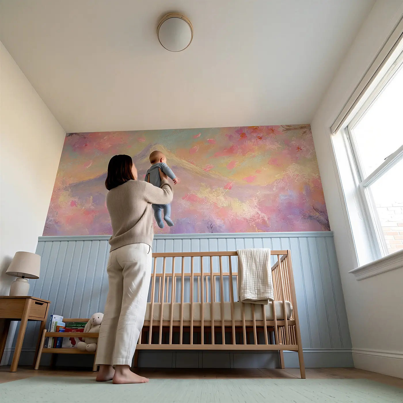 Child reading near Pastel Mount Fuji Dream Wainscoting Wallpaper by Whimsy Tots