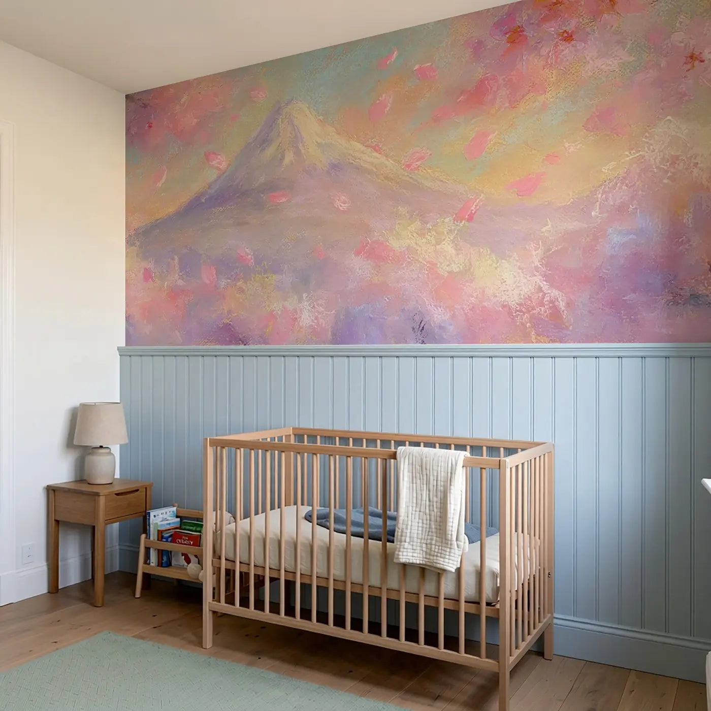 Pastel Mount Fuji Dream Wainscoting Wallpaper styled in a kids bedroom by Whimsy Tots