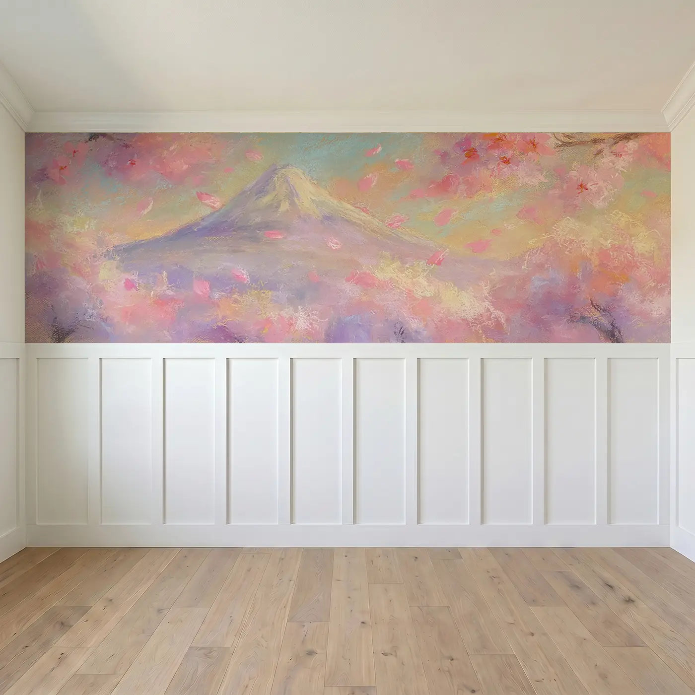 Full panel view of Pastel Mount Fuji Dream Wainscoting Wallpaper by Whimsy Tots