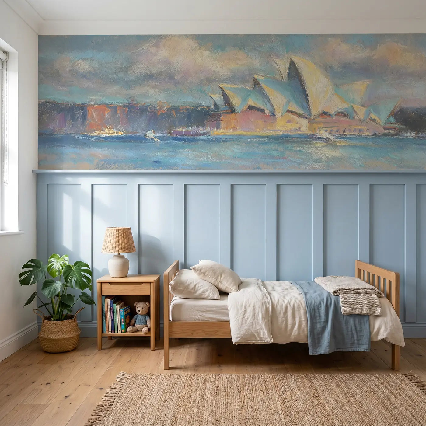 Soft Pastel Sydney Opera chalk wainscoting wallpaper for nursery by Whimsy Tots.