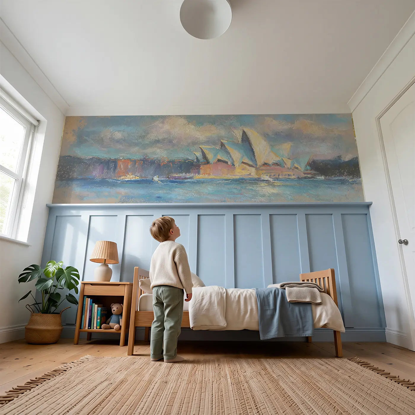 Child reading near Chalk Sydney Opera Soft Wainscoting Wallpaper by Whimsy Tots