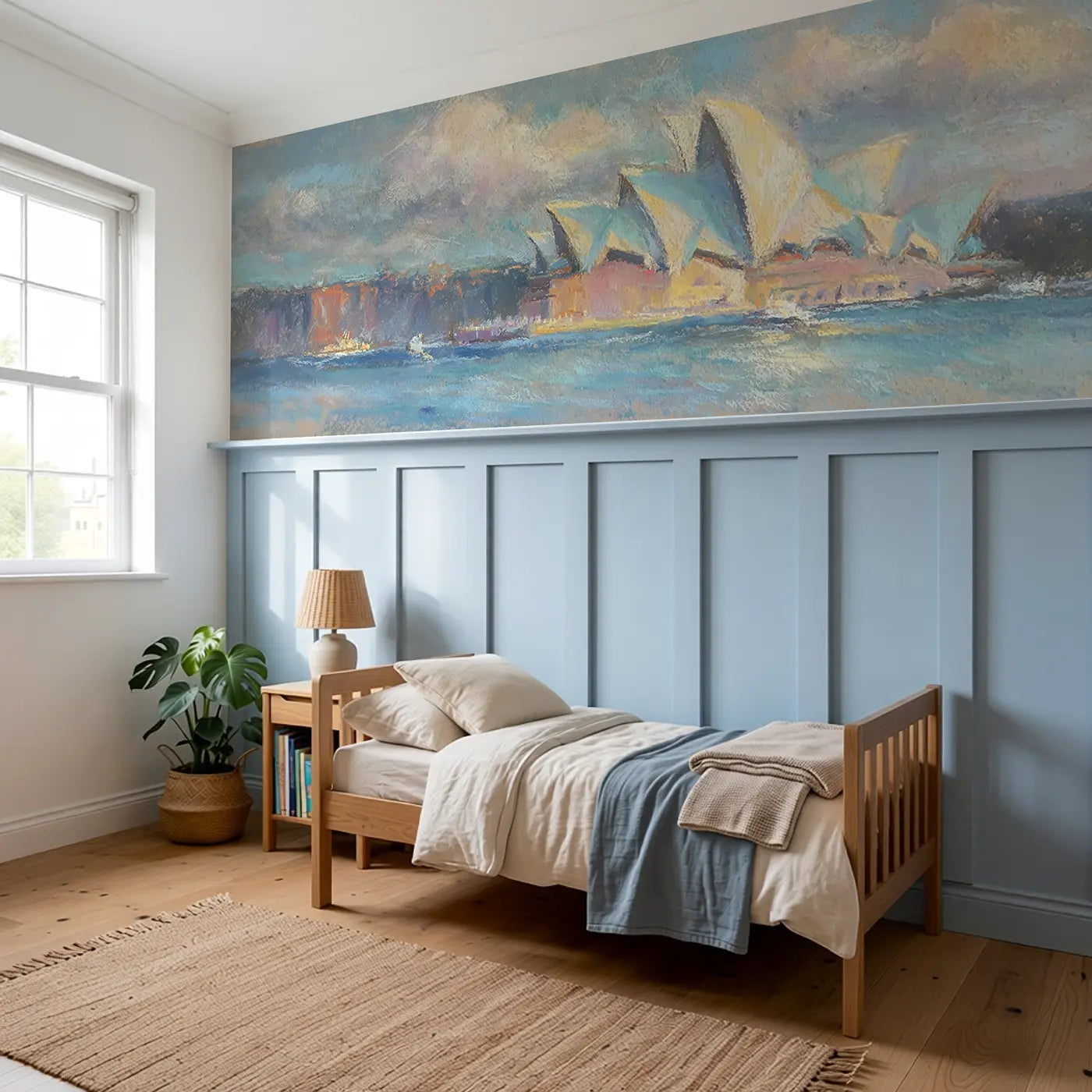 Chalk Sydney Opera Soft Wainscoting Wallpaper styled in a kids bedroom by Whimsy Tots