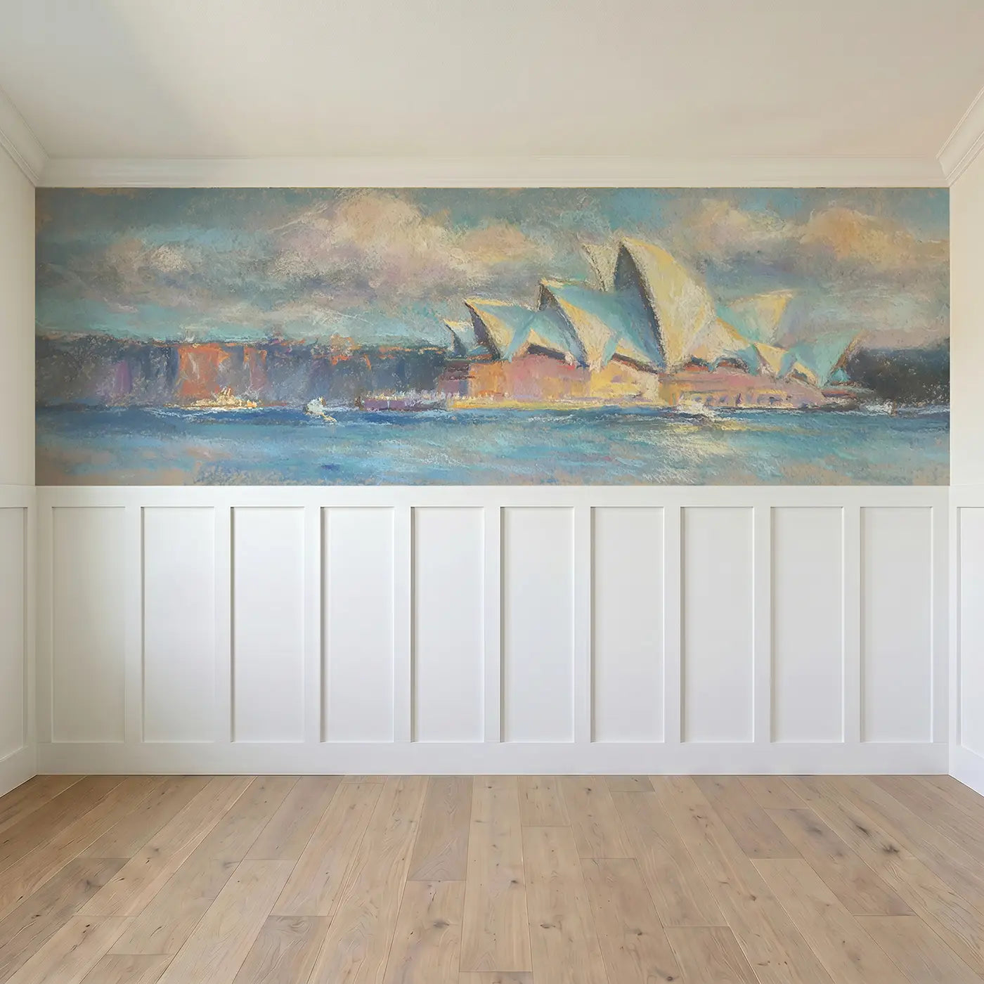Full panel view of Chalk Sydney Opera Soft Wainscoting Wallpaper by Whimsy Tots