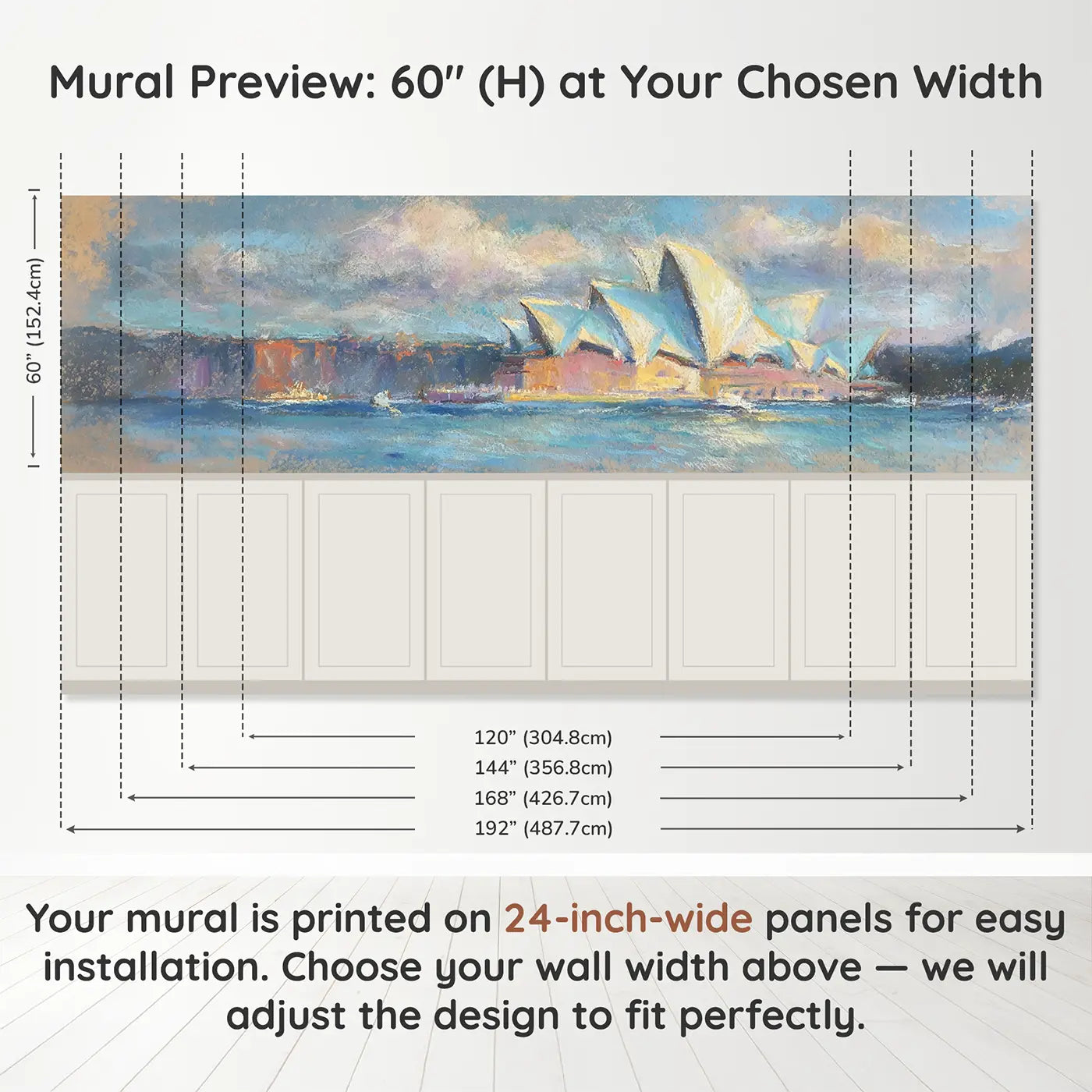 Panel dimensions for Chalk Sydney Opera Soft Wainscoting Wallpaper by Whimsy Tots