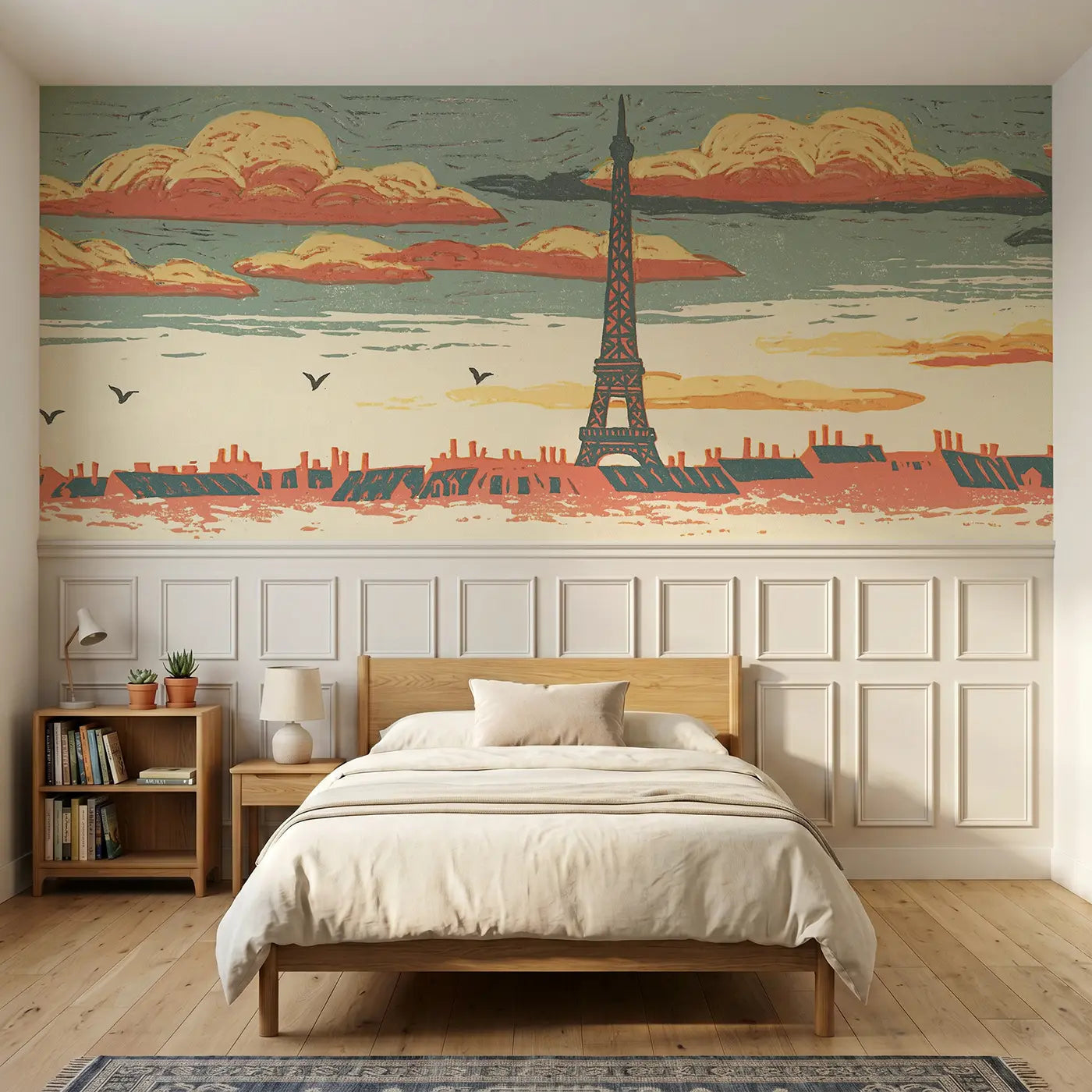 Block Print Eiffel Tower folk wainscoting wallpaper for bedroom by Whimsy Tots.