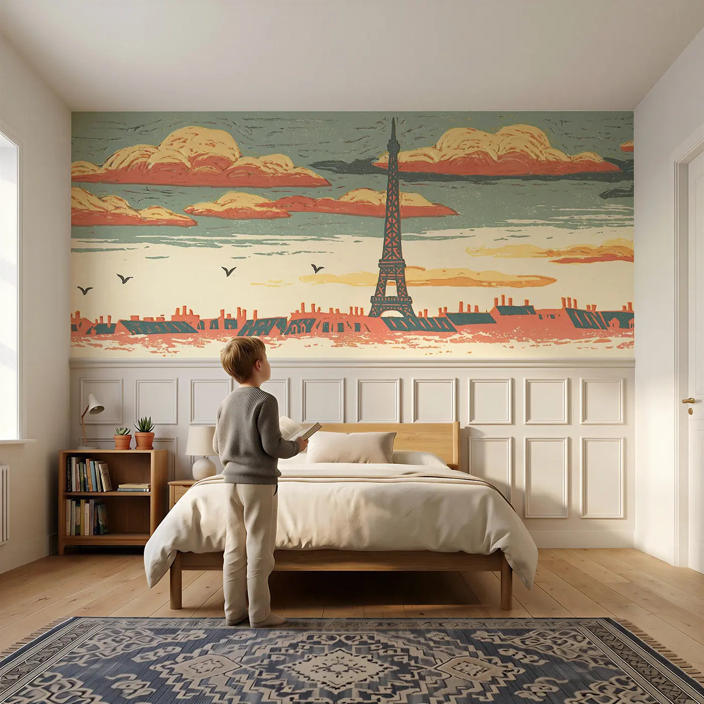 Child reading near Carved Eiffel Tower Folk Wainscoting Wallpaper by Whimsy Tots