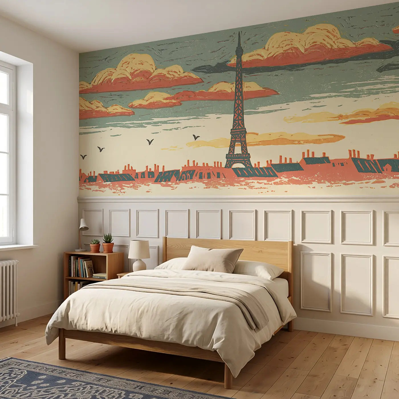 Carved Eiffel Tower Folk Wainscoting Wallpaper styled in a kids bedroom by Whimsy Tots