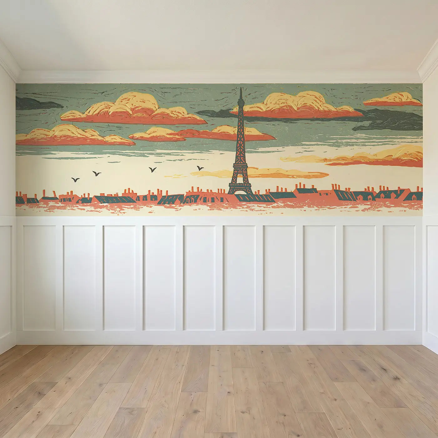 Full panel view of Carved Eiffel Tower Folk Wainscoting Wallpaper by Whimsy Tots