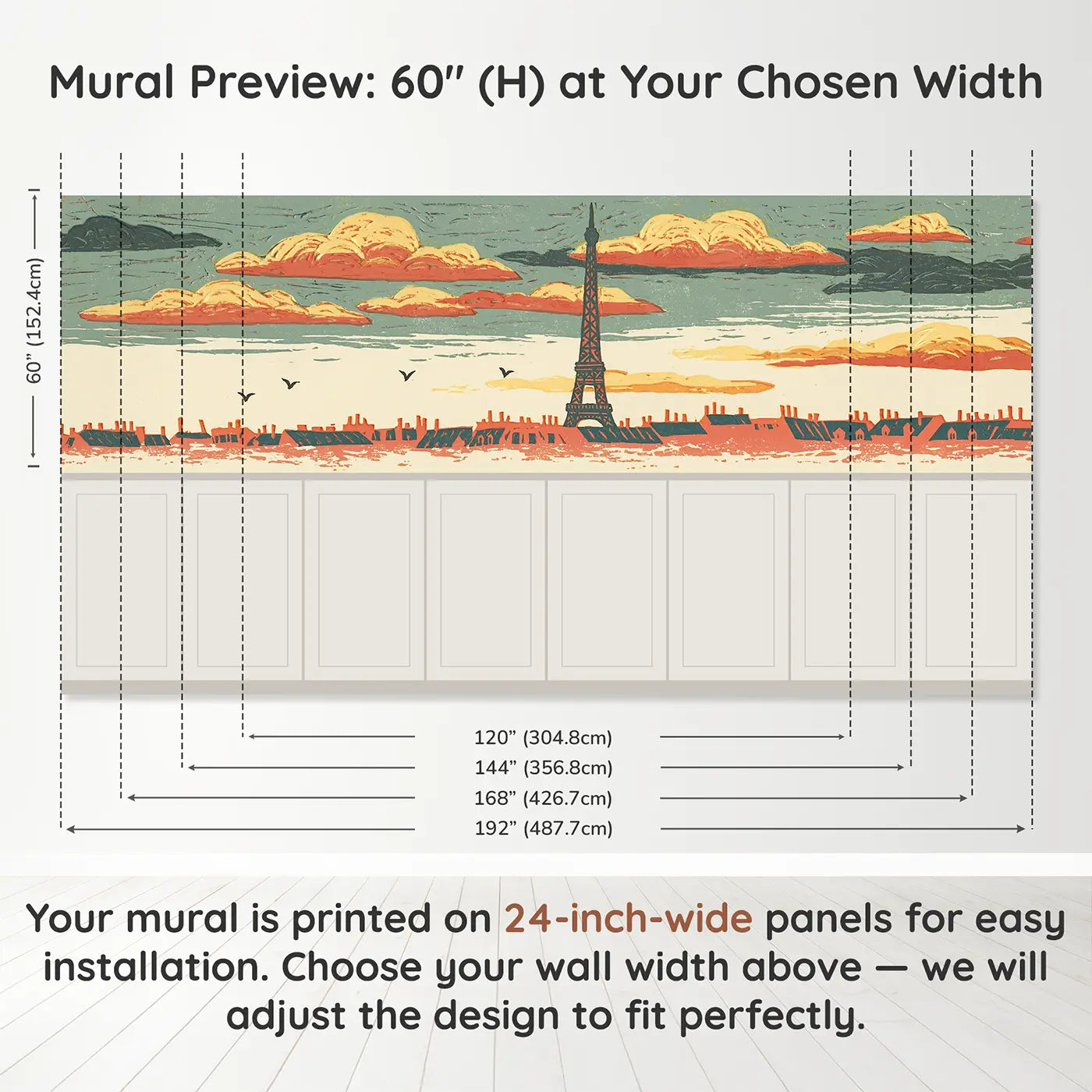 Panel dimensions for Carved Eiffel Tower Folk Wainscoting Wallpaper by Whimsy Tots