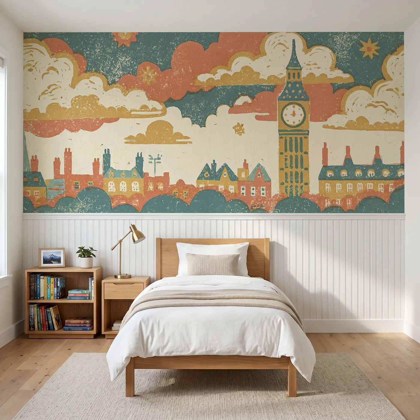 Block Print Big Ben band wainscoting wallpaper for bedroom by Whimsy Tots.