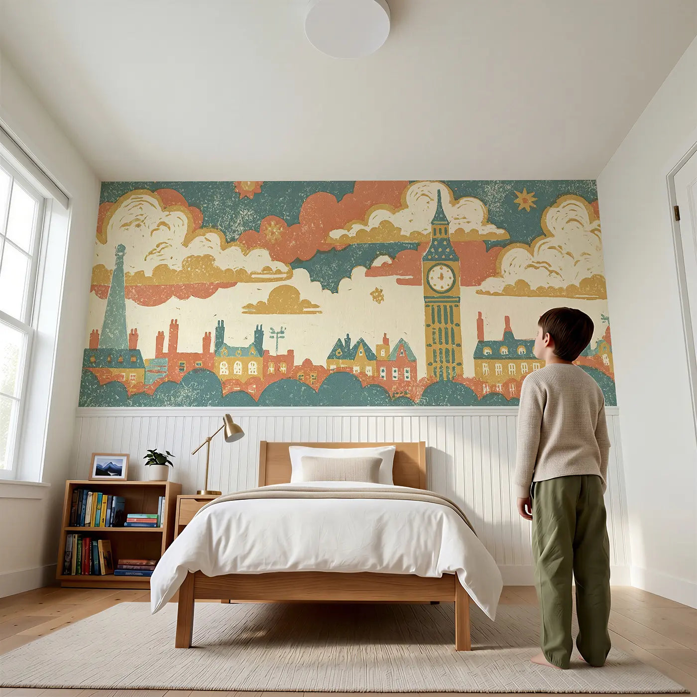Child reading near Block Print Big Ben Band Wainscoting Wallpaper by Whimsy Tots