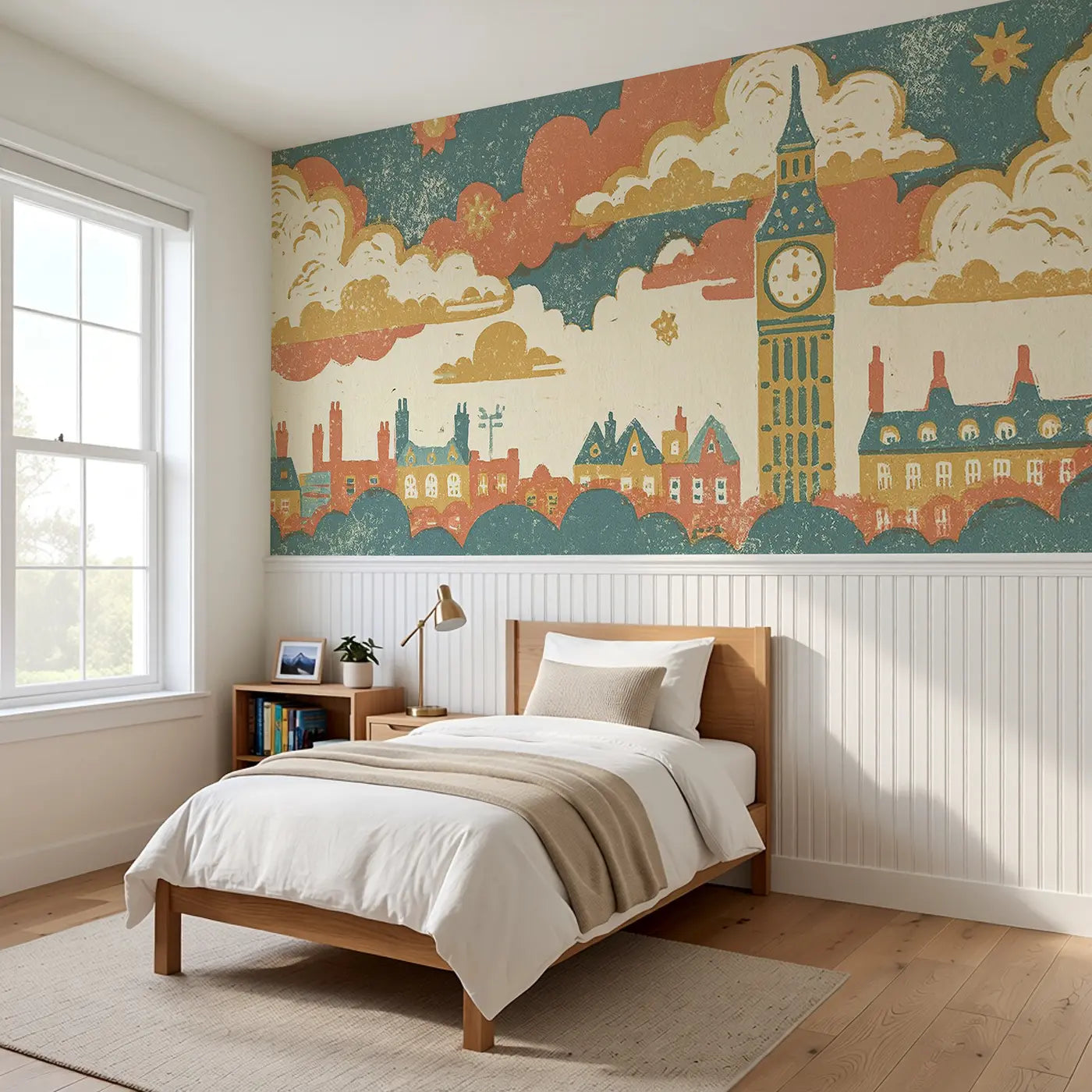 Block Print Big Ben Band Wainscoting Wallpaper styled in a kids bedroom by Whimsy Tots