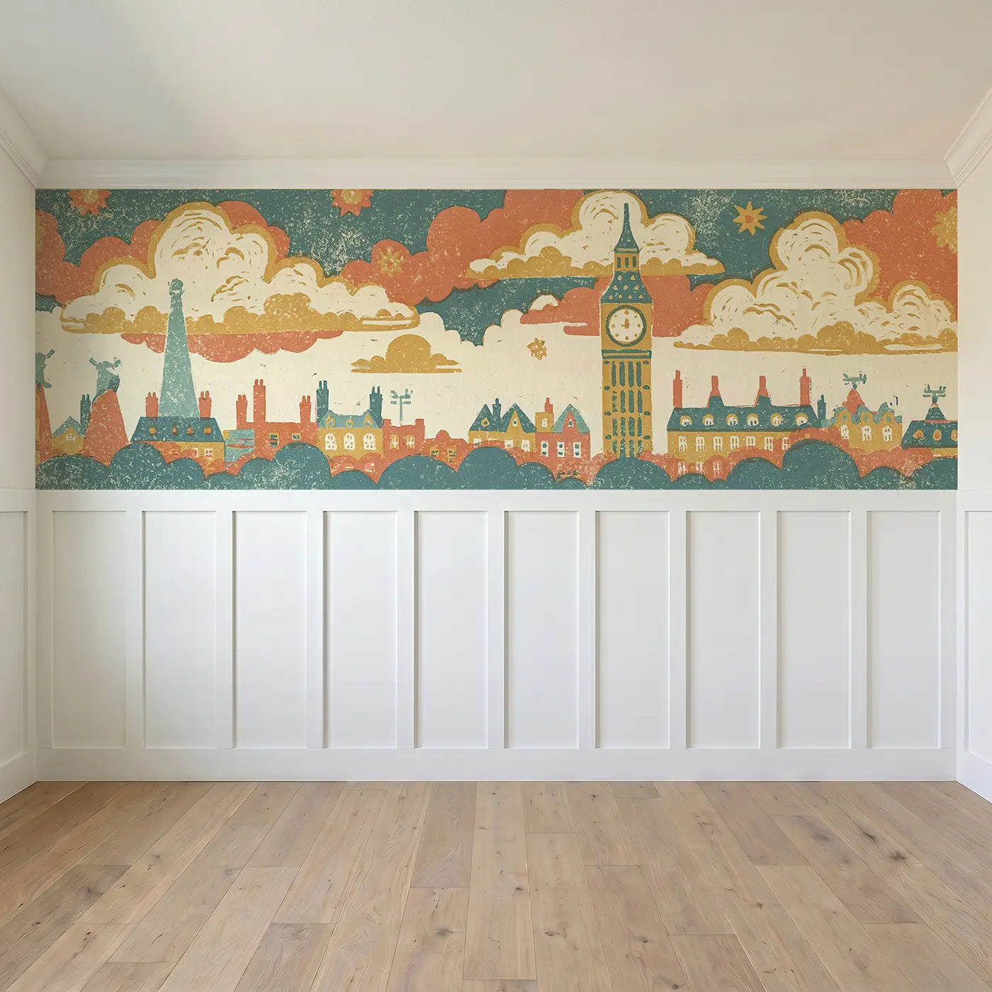 Full panel view of Block Print Big Ben Band Wainscoting Wallpaper by Whimsy Tots