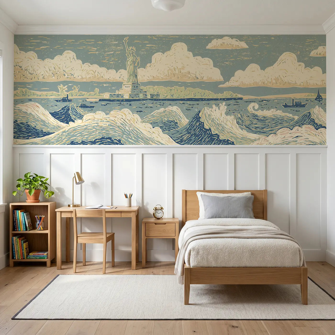 Block Print Statue Liberty bold wainscoting wallpaper for bedroom by Whimsy Tots.