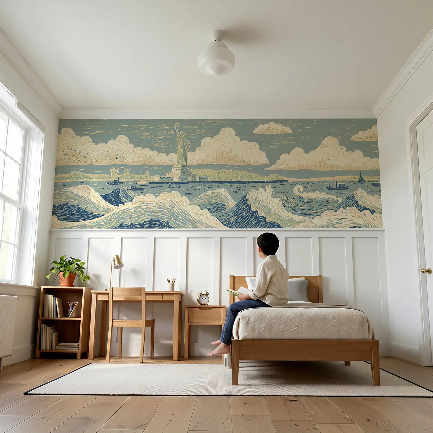 Child reading near Carved Statue Liberty Bold Wainscoting Wallpaper by Whimsy Tots