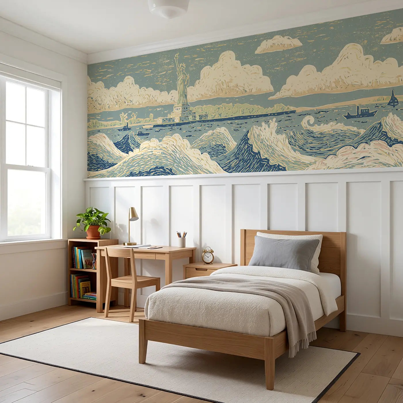 Carved Statue Liberty Bold Wainscoting Wallpaper styled in a kids bedroom by Whimsy Tots