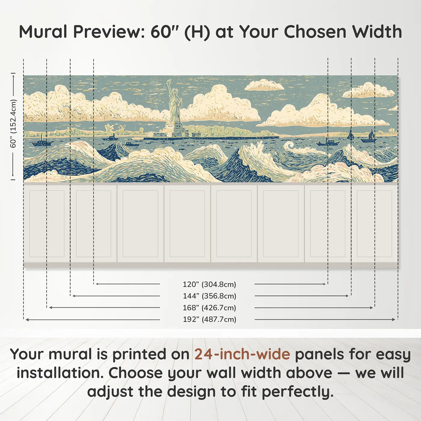 Panel dimensions for Carved Statue Liberty Bold Wainscoting Wallpaper by Whimsy Tots