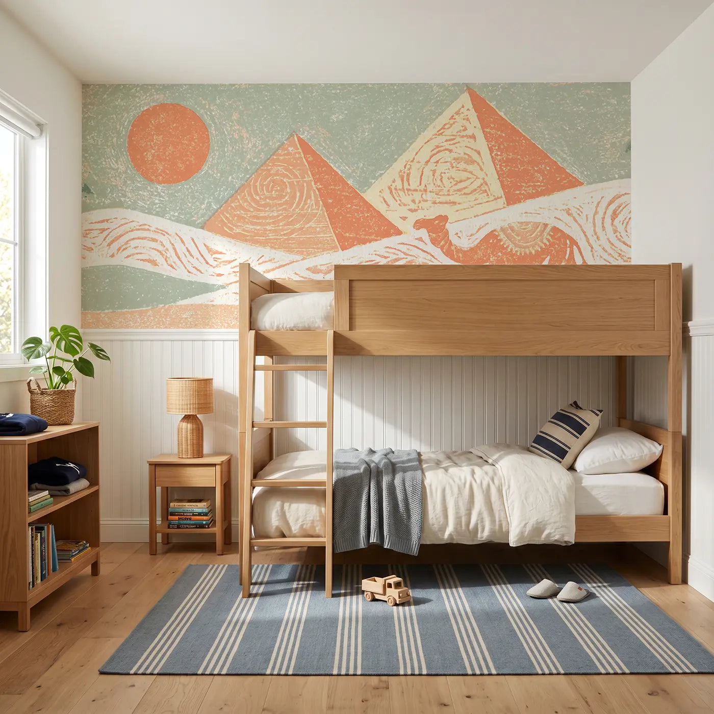 Block Print pyramid desert wainscoting wallpaper for bedroom by Whimsy Tots.