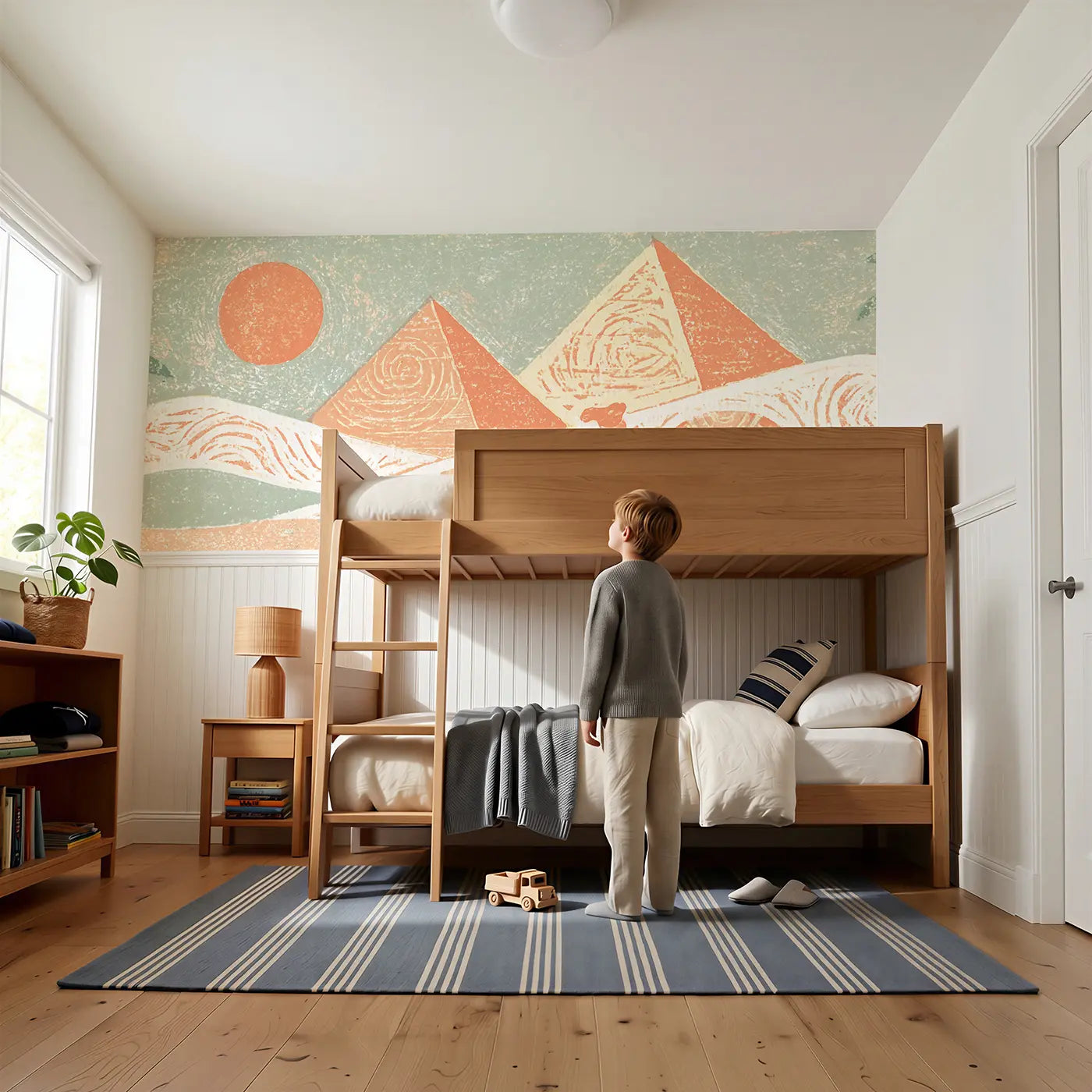 Child reading near Block Print Pyramid Desert Wainscoting Wallpaper by Whimsy Tots