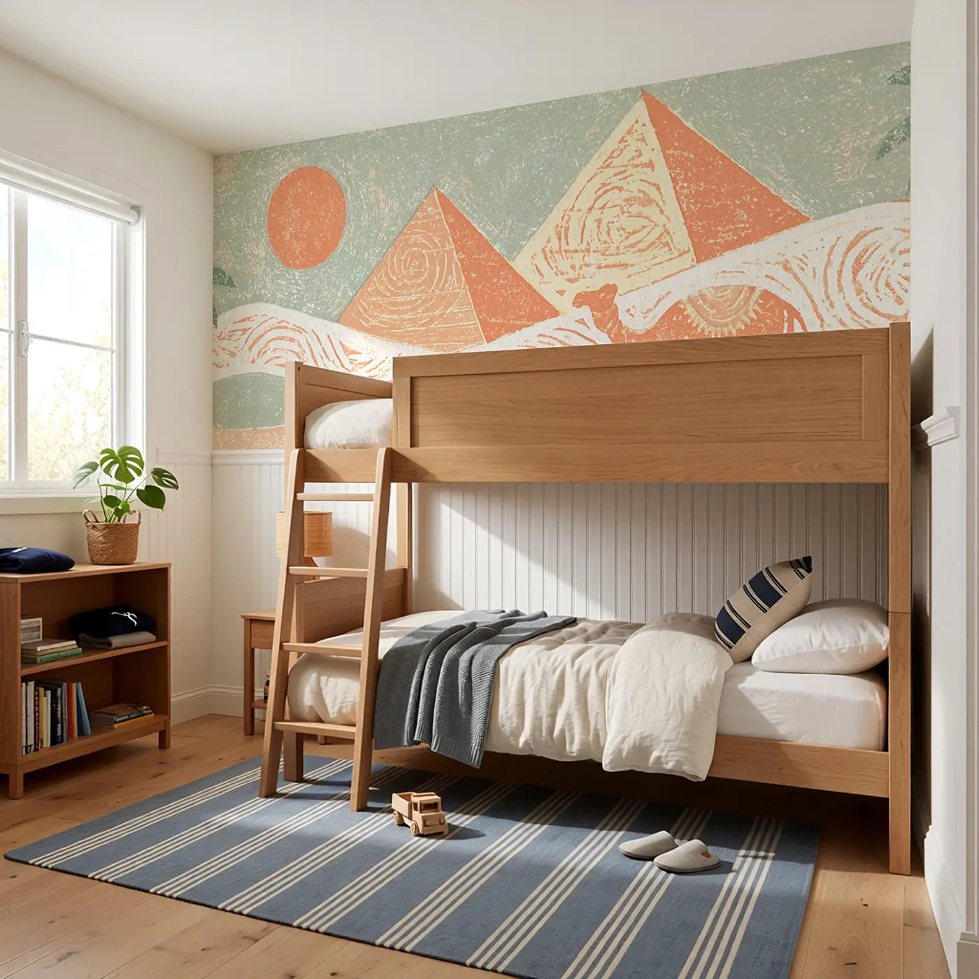 Block Print Pyramid Desert Wainscoting Wallpaper styled in a kids bedroom by Whimsy Tots
