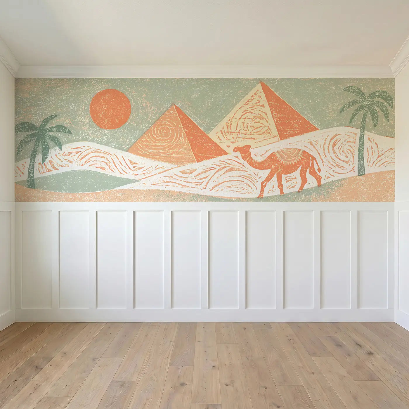 Full panel view of Block Print Pyramid Desert Wainscoting Wallpaper by Whimsy Tots