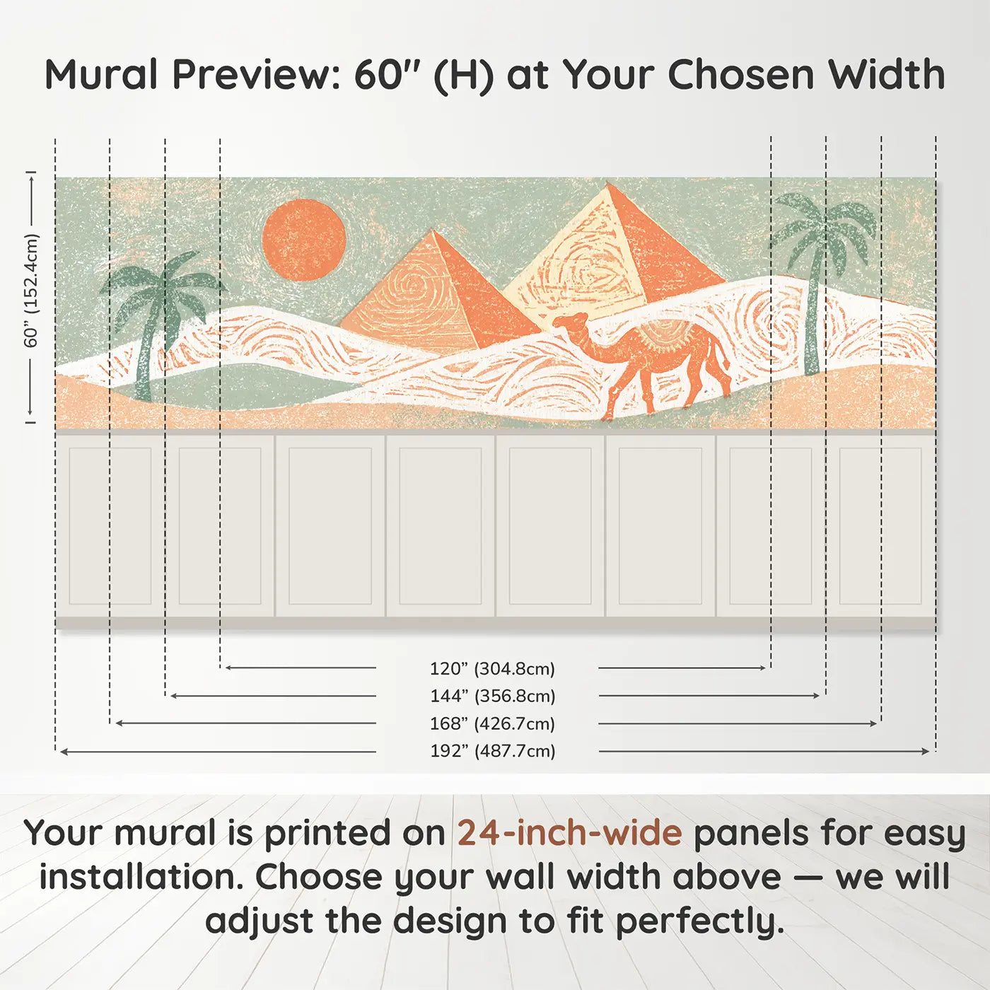 Panel dimensions for Block Print Pyramid Desert Wainscoting Wallpaper by Whimsy Tots