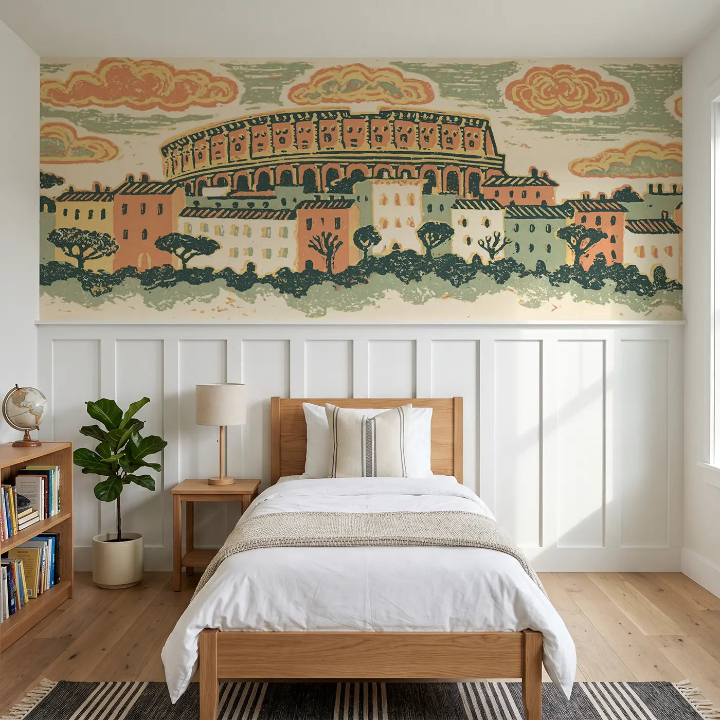 Block Print Colosseum Rome wainscoting wallpaper for bedroom by Whimsy Tots.