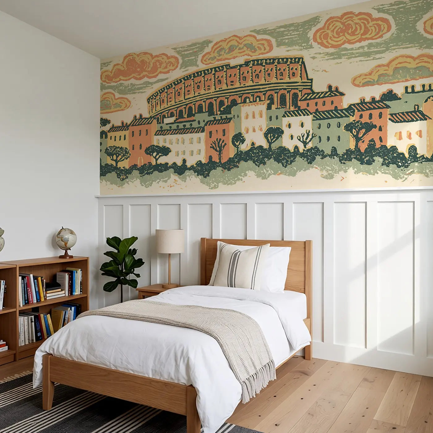 Carved Colosseum Rome Folk Wainscoting Wallpaper styled in a kids bedroom by Whimsy Tots