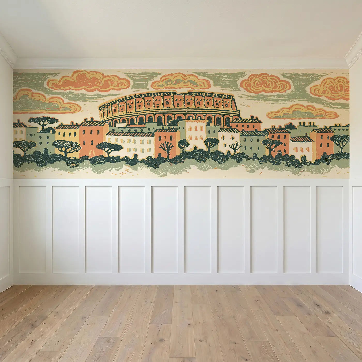 Full panel view of Carved Colosseum Rome Folk Wainscoting Wallpaper by Whimsy Tots